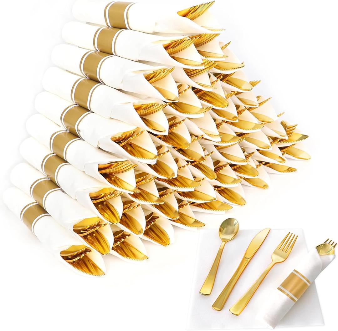 50 Pack Pre Rolled Gold Plastic Silverware Set,Wrapped Plastic Cutlery Set with Napkin Include 50 Forks,50 Spoons,50 Knives and 50 White Napkins for Party,Wedding,Christmas