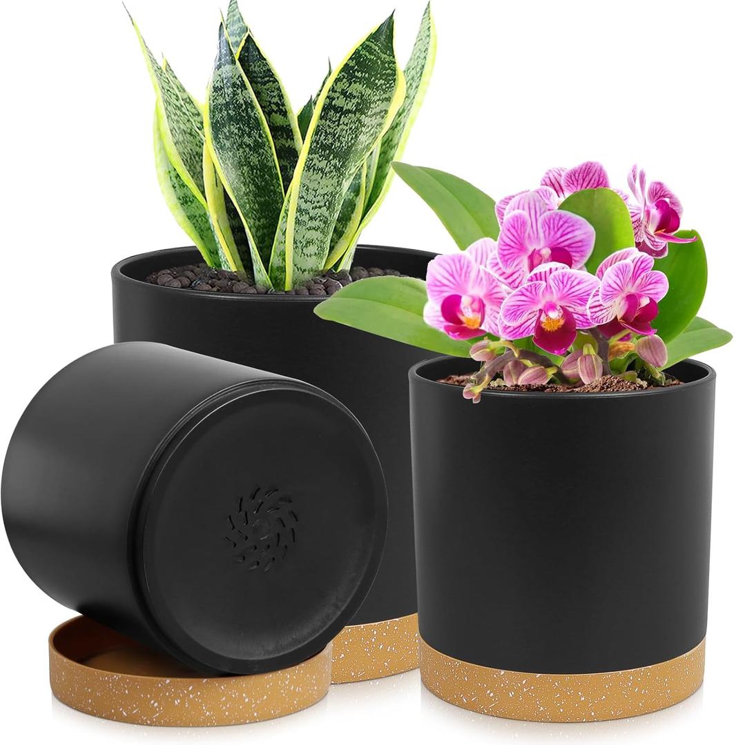 WSMKSZ 3 Pack 6/5/4 inch Cylindrical Flower Pots, Modern Small Round Plastic Plant Pots with Drainage Holes & Saucers, Clean and Refined Planter Pots for Outdoor, Indoor & Office Decor (Black Brown)