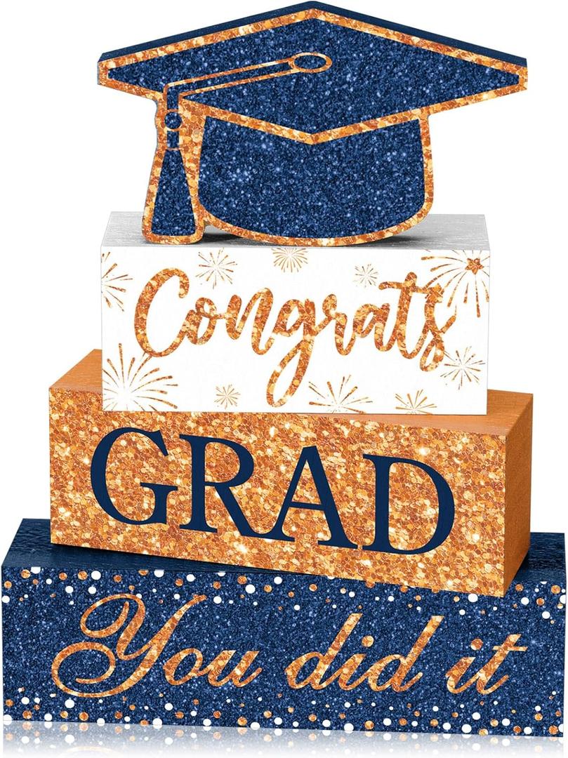 4 Pcs Graduation Table Decor 2026 Congrats Grad Centerpiece Class of 2026 Wood Sign Graduation Tiered Tray Decor Farmhouse Congratulate Gifts for Home Shelf Party Decorations(Blue Orange)