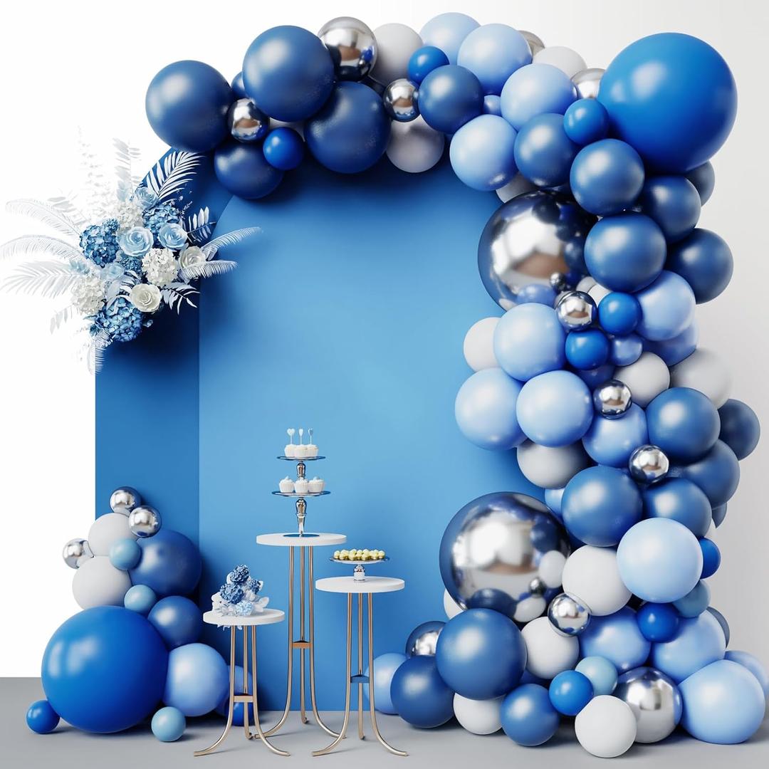 RUBFAC 144pcs Blue Balloons Arch Garland Kit, 18/12/10 Inch Blue White and Silver Party Balloons Silver Confetti Latex Balloons for Birthday Wedding Baby Shower Decorations