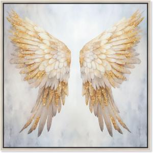 Elegant Angel Wings Canvas Elegant White Gold Wall Art, Silver Frame, Floating, 30" x 30", 31"L x 31"W