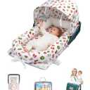 Baby Lounger with Canopy, Foldable Portable Infant Support Cushion for 0-12 Months Newborn, Soft Breathable Washable Baby Nest with Adorable Pattern, Perfect for Home Outdoor Supervised Awake Time