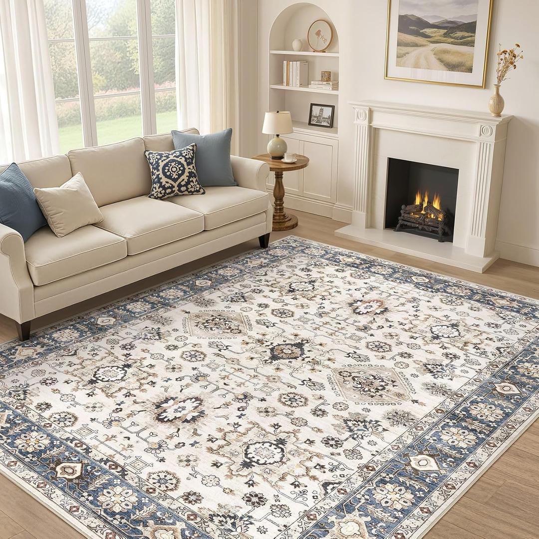 Area Rugs for Living Room:10x12 Washable Rug Vintage Pattern Large Non-Slip Stain Resistant Soft Durable Floor Carpet for Bedroom, Dining Room, Home Office - Blue