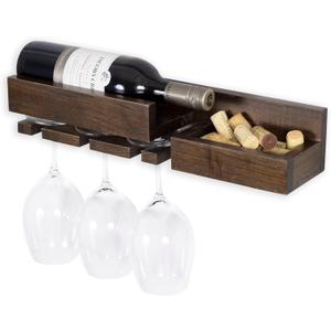 Rustic State Semillon Wall Mounted Wine Rack and Cork Storage Holder Shelf Organizer with 3 Stemware and 3 Bottle Capacity - Home, Kitchen, Dining Room Bar Décor - Walnut