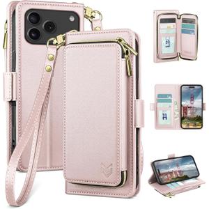 DJBEAR for iPhone 17 Pro Max 6.9" Wallet Case for Men & Women, All-in-One Flip Folio Cover with 9 Card Slots, Zipper Pocket, Detachable Wrist Strap, Full Body Protection for Apple 17 Pro Max Rose Gold