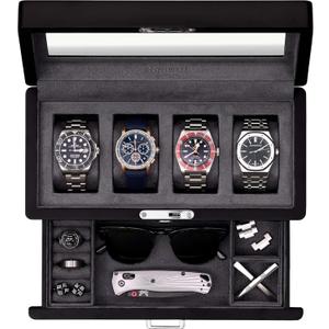 ROTHWELL 4-Slot Matte Black Watch Box with Valet Drawer - Premium Jewelry Display Case Organizer with Locking Glass Top and Microsuede Liner for Men & Women (Carbon Interior)