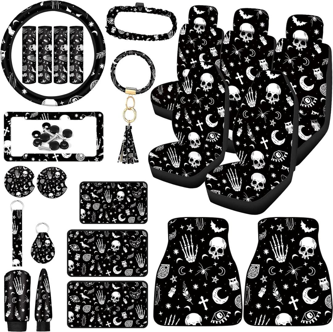 Tallew 26 Pieces Skeleton Cat Moon and Stars Car Seat Cover Full Set for Women Men Rubber Steering Wheel Cover License Plate Frame Mirror Covers Moon and Stars Car Accessories for SUV Truck(Skeleton)