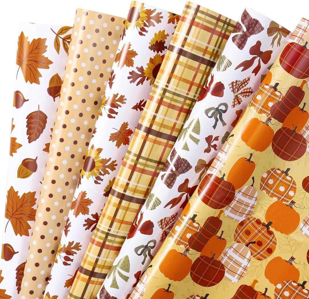 2 x RUSPEPA Fall Wrapping Paper Sheets, Autumn Pumpkin, Sunflower, Leaves and Plaid Design Gift Wrap Paper for Thanksgiving, Birthday, Harvest Gifts, 6 Folded Sheets, 19.68 X 27.5 Inch