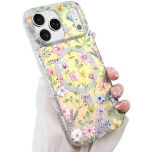 Fiyart Designed for iPhone 17 Pro Max Case,Iridescent Flower Floral Magnetic Cute Phone Cover Compatible with Magsafe Holographic Heavy Duty Shockproof for Women Girls