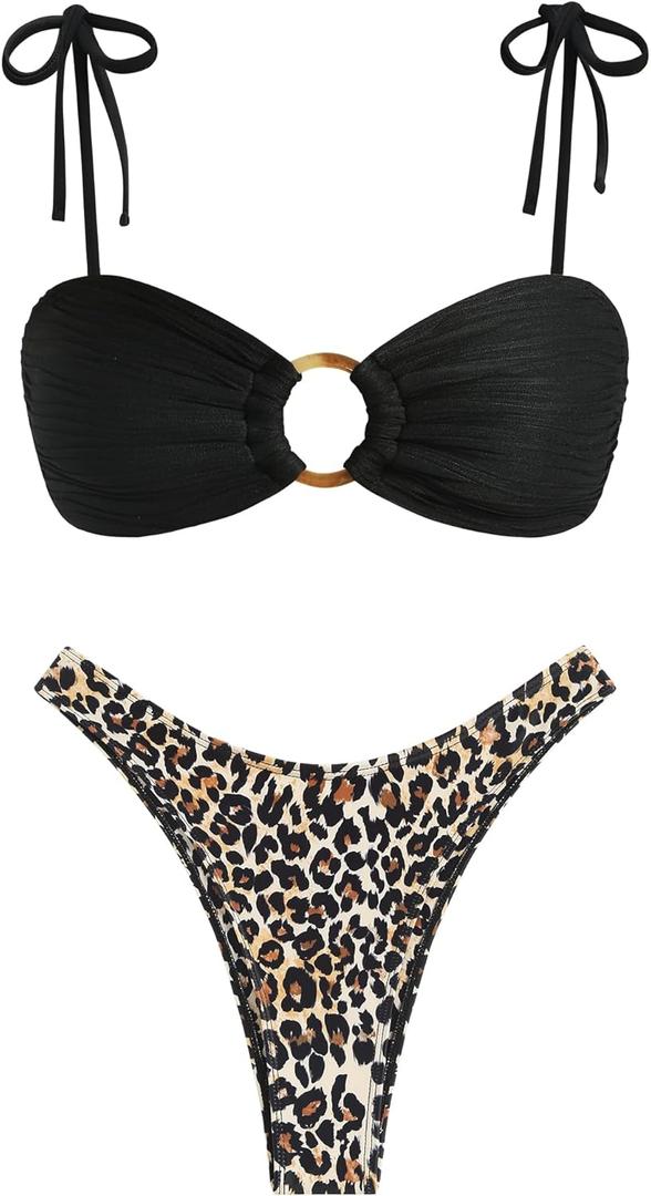 ZAFUL Women's Bandeau Tie Spaghetti Strap Bikini Textured O Ring Ruched High Leg Swimsuit Cheeky Bathing Suits, Leopard, Small