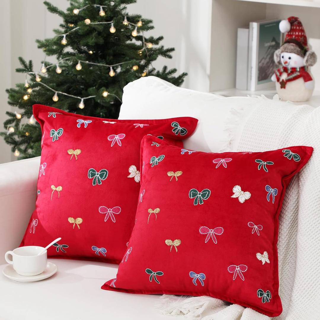 Leinuosen 2 Pcs Valentine Bow Pillow Covers 18 x 18 Inch Red Velvet Bows Embroidered Square Throw Pillow Covers for Holiday Wedding Home Sofa Couch Decor