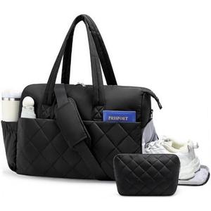 kookoomia Gym Bag for Women with Shoe Compartment, 2-PC Lightweight Puffer Weekender Duffle with Wet Pocket, Quilted Carry on Travel Bag for Overnight Dance Hospital, Water Resistant, Black