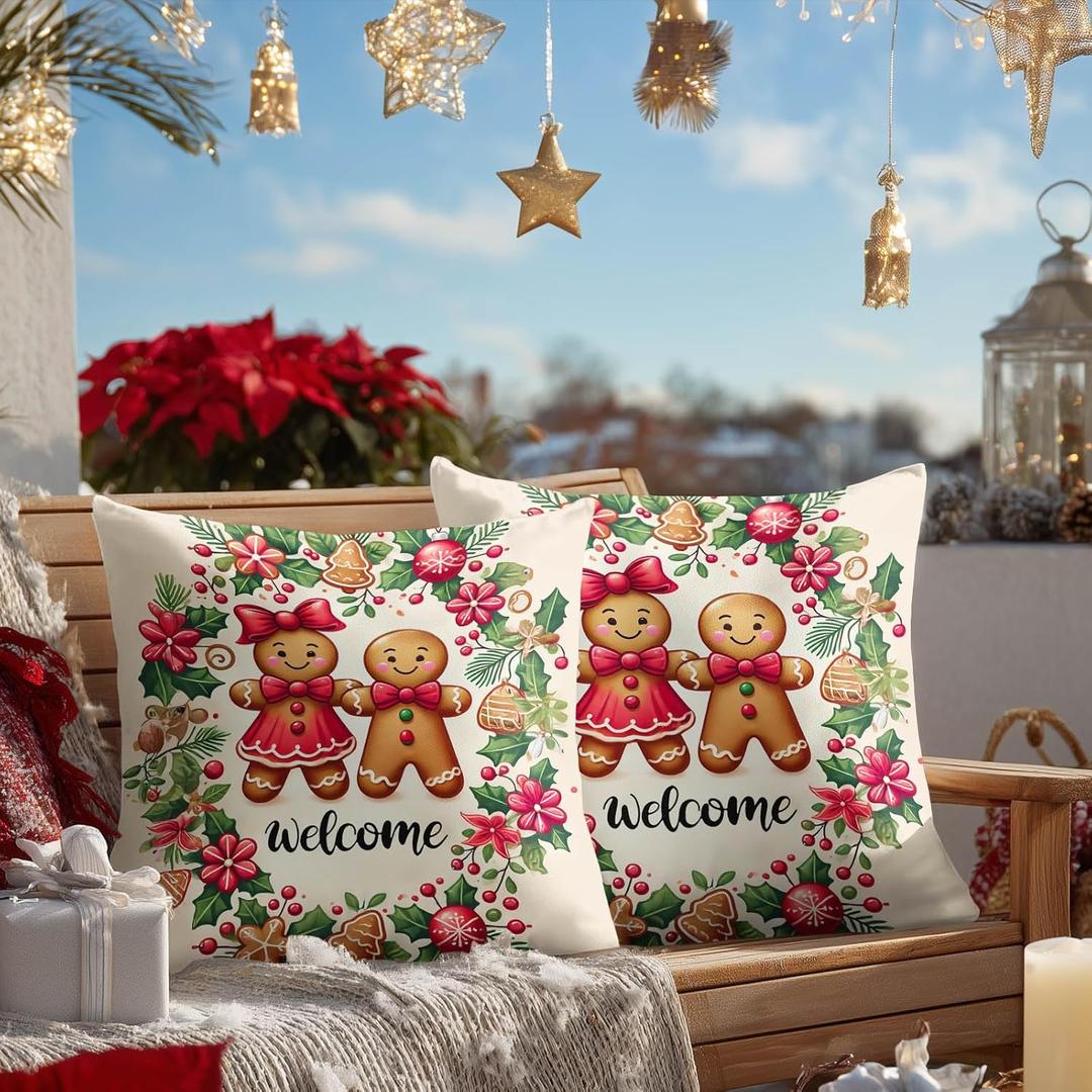 Pillow Covers Set of 2 18x18 Inch Christmas Gingerbread Couple Throw Holiday Welcome Cushion Covers Decorative Christmas Pillow Cases for Sofa Couch Bed Farmhouse Decor