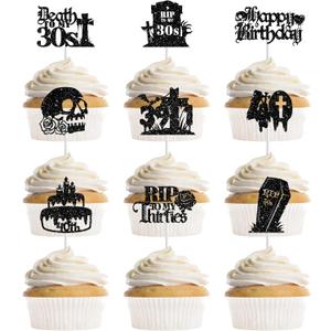 36 Pcs Death to My 30s Birthday Decorations, Rip 30s Gothic Black Cupcake Toppers, Funny 40th Birthday Cake Picks Party Supplies for Women Men (9 Designs)