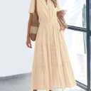 BTFBM Womens Summer 2026 Casual Midi Maxi Dresses Lightweight Short Sleeve V Neck Elastic Waist Boho Beach Dress Pockets (Apricot, Medium)