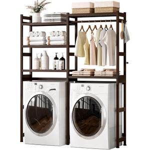 Over The Washer and Dryer Storage Shelf Bamboo,5 Tiers Laundry Room Drying Rack with Adjustable Shelves and 4 Hooks,Space Saver Organizer for Hanging Clothes and Towels (Brown)