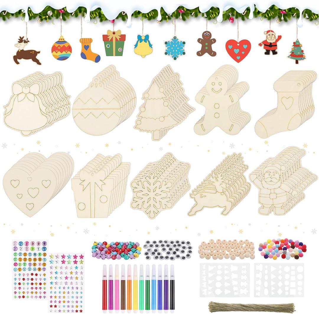 416pcs Wooden Christmas Ornaments to Paint, Unfinished Wooden Ornaments for Crafts, Paintable DIY Christmas Craft with Rich Accessories, Blank Ornament Painting Kit for Kids Adult Xmas Decorate