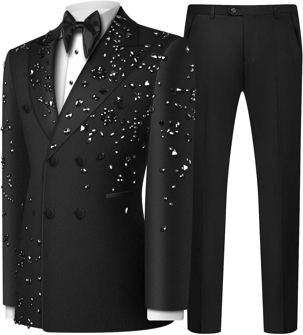 Men's 2 Piece Double Breasted Suits Slim Fit Tuxedo Jacket and Dress Pants Set for Wedding Business Prom Suits (Large, Black)