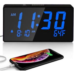 Desk Digital Alarm Clock for Bedroom, Blue 6" LED Display, with USB Port for Charging, 0-100% Brightness Dimmer, Temperature, Snooze, Adjustable Alarm VolumeSmall Bedside Clocks.