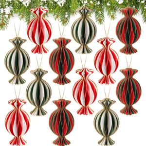 12 Pcs Red Green Christmas Decorations 4" 3D Candy Paper Honeycomb Ornaments for Tree Magnetic Glitter Edge Paper Honeycomb Lanterns for Christmas Tree New Year's Christian Table Decor (Multi Color)