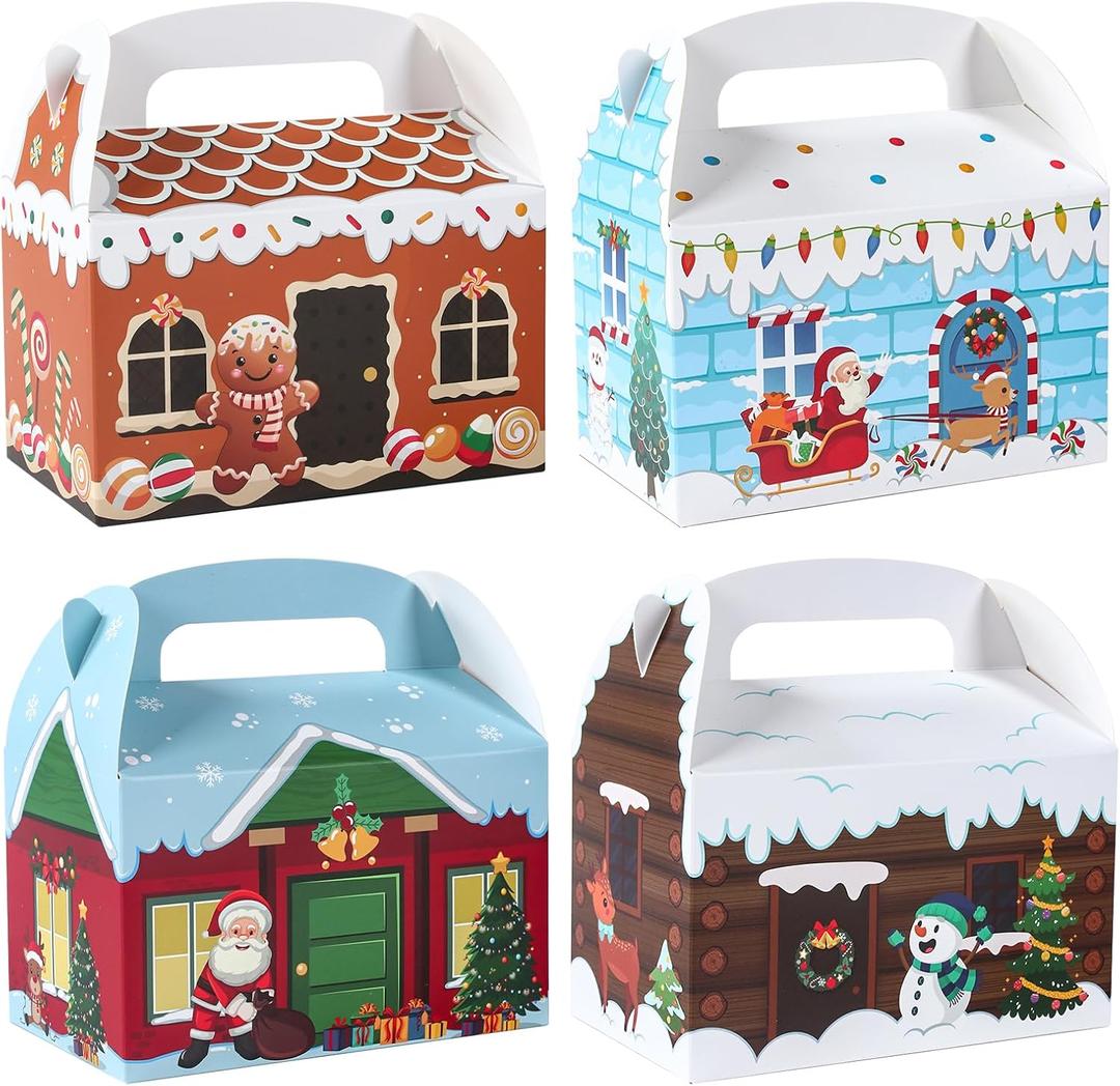 Patimate 24pcs Christmas Cookie Boxes for Gift Giving, 4 Style 3D Xmas House Cardboard Treat Boxes with Handles for Christmas Goodie Candy Holiday Party Favor Supplies