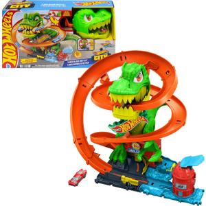 Hot Wheels Toy Car Track Set, City T-Rex Blaze Battle Playset & 1:64 Scale Die-Cast Vehicle, 18 Tall, Multiple Race Outcomes, Spinning Dinosaur Eyes