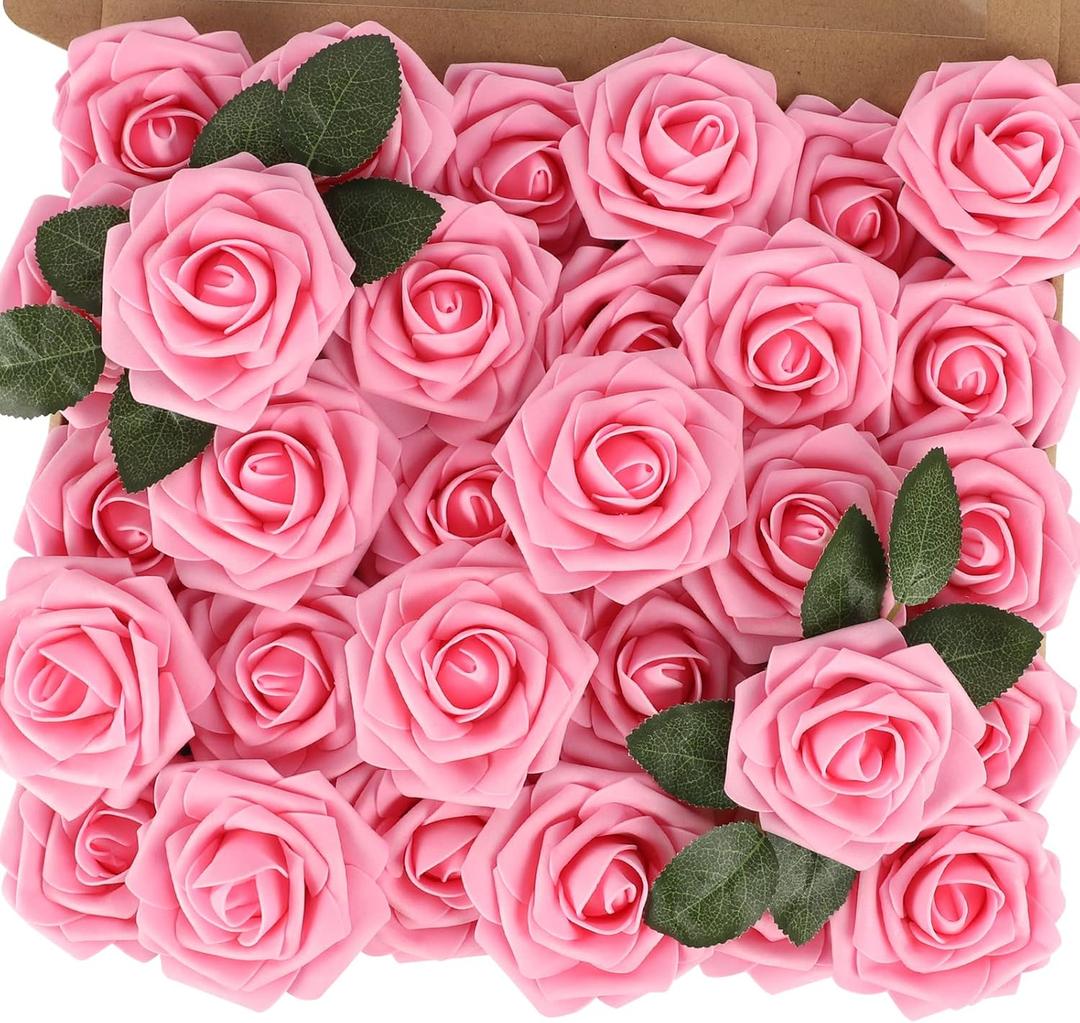 MACTING Artificial Flowers 30PCS Pink Fake Flowers with Stem Real Touch Soft Foam Roses Wedding Bouquet Table Centerpieces Party Bridal Shower Birthday Home Spring Summer Decor
