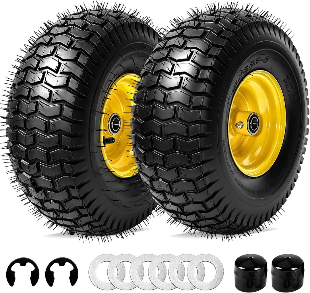 15x6.00-6 Tubeless Lawn Mower Tires, 2 Pack 15x6.00-6 Replacement Lawnmower Tires with Oil Filling Nozzle and Thickened Rim, Compatible with Most Riding Mowers and Lawn Tractors