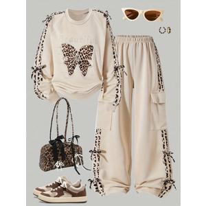 RoseSeek Girl's Y2K Leopard Print Outfit Long Sleeve Bow Sweatshirt Baggy Cargo Pants Set Two Piece Sweatsuit Apricot 13Y