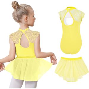 Gogokids Ballet Leotards for Girls Dance Leotards Toddler Hollow Back Lace Dance Dress with Removable Skirt Combo 3-11Years (C-yellow (Pull on Skirt)) 10-11 Years