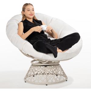 Bme 40" Ergonomic Wicker Papasan Chair with Soft Thick Cushion & Frame, 360 Swivel, Circle, Reading, Comfy Chair for Living Room, Bedroom (Arctic Snow - White Base)