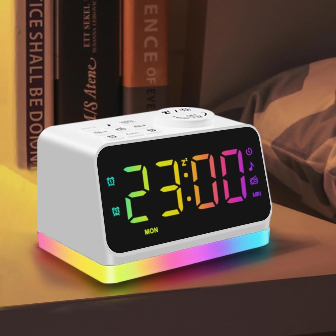 JALL Digital Alarm Clock with FM Radio for Bedroom, 8 Colors Night Light with 2 Charging Port, Sleep Sound Machines with Timer, Dual Alarm, Loud Alarm and Easy to Use for Seniors and Kids as Gift (White With Rgb Font)