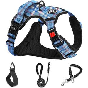 NESTROAD No Pull Dog Harness with Leash, Reflective No Choke Pet Vest Harness,Adjustable Soft Padded Dog Harness with Easy Control Handle for Small Dogs(Checkered Blue,Small) (Sneck 11-15" chest 15-21")