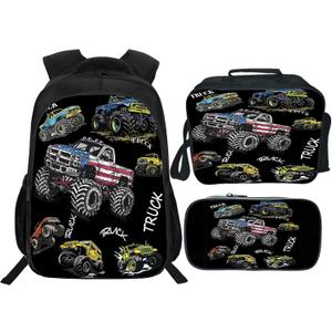Truck Backpack 3PCS 16" Preschool Elementary Schoolbag with Lunch Box Pencil Case Bookbag Set for Girls Boys Kids Children Teens School Students