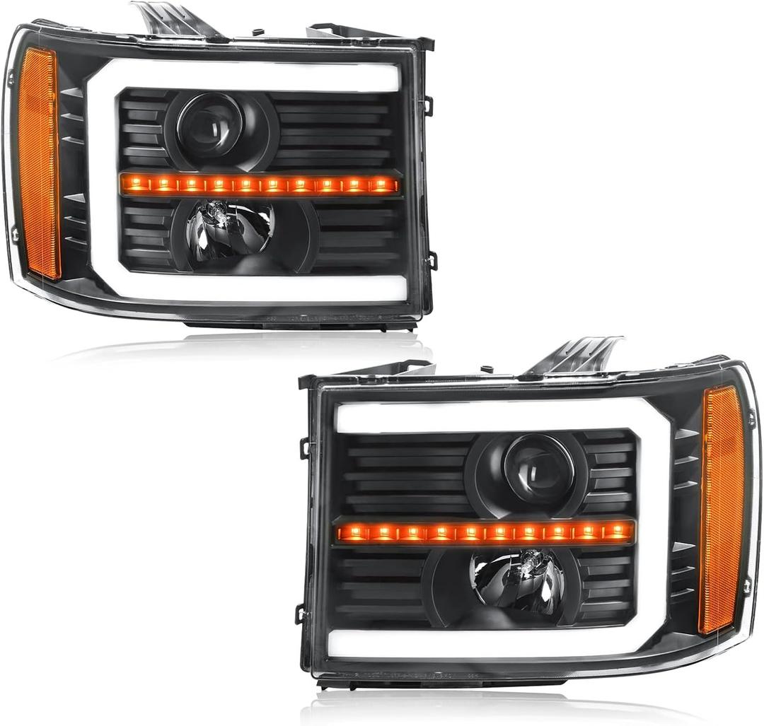 LED DRL Headlights for 2007-2013 GMC Sierra 1500 07-14 2500HD 3500HD No Classic Head Lights Assembly 2PC Replacements Front Left Right Side Headlamp Black Housing Amber Reflector
