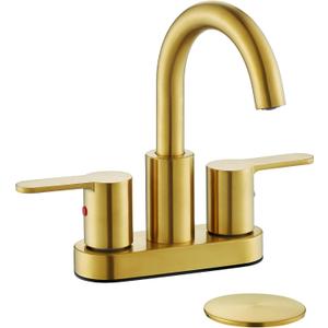 Brushed Gold 2 Handle Centerset Bathroom Sink Faucet with Drain Assembly, High Arc Modern 4 Inch Bathroom Vanity Lavatory Faucet 3 Holes with Brass 360 Swivel Spout, TAF067E-PB
