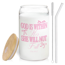 Coquette Pink Bow Christian Glass Cup with Lids and Straws 14oz, Bible Verse Gifts, God is Within Her She Will Not fall Scripture Glass Coffee Tumbler Drinking Jars with Cleaning Brush
