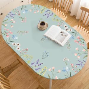Horaldaily Spring Fitted Tablecloth 68 x 48 Inch Oval, Spring Daisy Tulips Lavender Floral Green Washable Table Cover Elastic Edged for Dinning, Picnic, Camping, Banquet