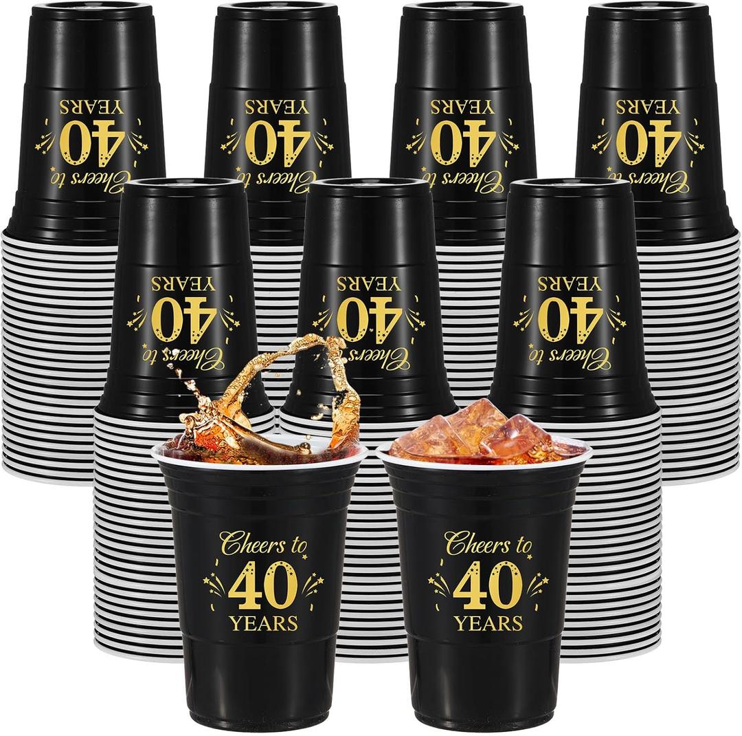 Ziliny 100 Pcs 40th Birthday Plastic Cups Bulk, Cheers to 40 Years 16 oz Disposable Black Gold Cups for Men Women 40th Birthday Wedding Anniversary Party Favors Decoration Hot Cold Drinks Supplies