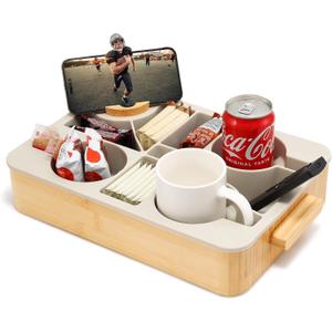 Nnewvante Couch Tray with Removable Silicone Insert, Non-Slip Couch Caddy for Drinks Snacks Remotes, Bamboo Sofa Tray for Deep Couches, Sectionals & Movie Night with Carry Handle 14x10inch (14in, Beige)