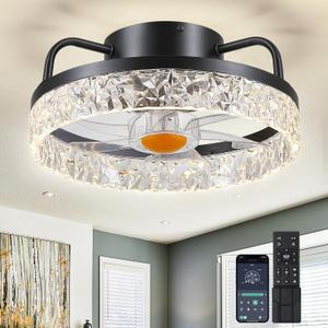 13" Ceiling Fans with Lights and Remote - Flush Mount Low Profile Ceiling Fans - Bladeless Enclosed Fans with Led Light and Stepless Dimming, Small Modern Fan for Bedroom (Black-13"-7867)