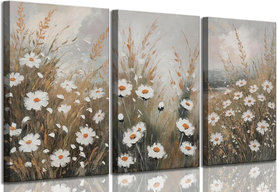 3 Pcs Vintage Wildflowers Field Canvas Wall art Farmhouse Rustic Wildflower Nature Landscape Painting Pictures Wall Decor Posters Print Artwork for Living Room Bathroom Home Decoration (16L''x12W'')