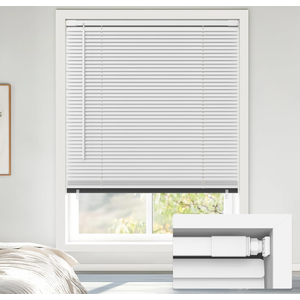 LazBlinds No Drill Blackout Vinyl Mini Blinds, White 31"x64" | No tools needed. Child-safe cordless lift. 100% blackout for total privacy. Durable, easy clean.