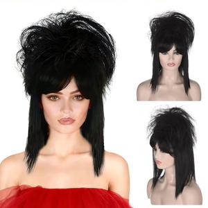 FVCENT Bride Black Wig Shaggy Layered Wig Shoulder Length Beetle Women's Wig with Hair Bangs,80S Long Curly Black Rocker California Costume Halloween Wig