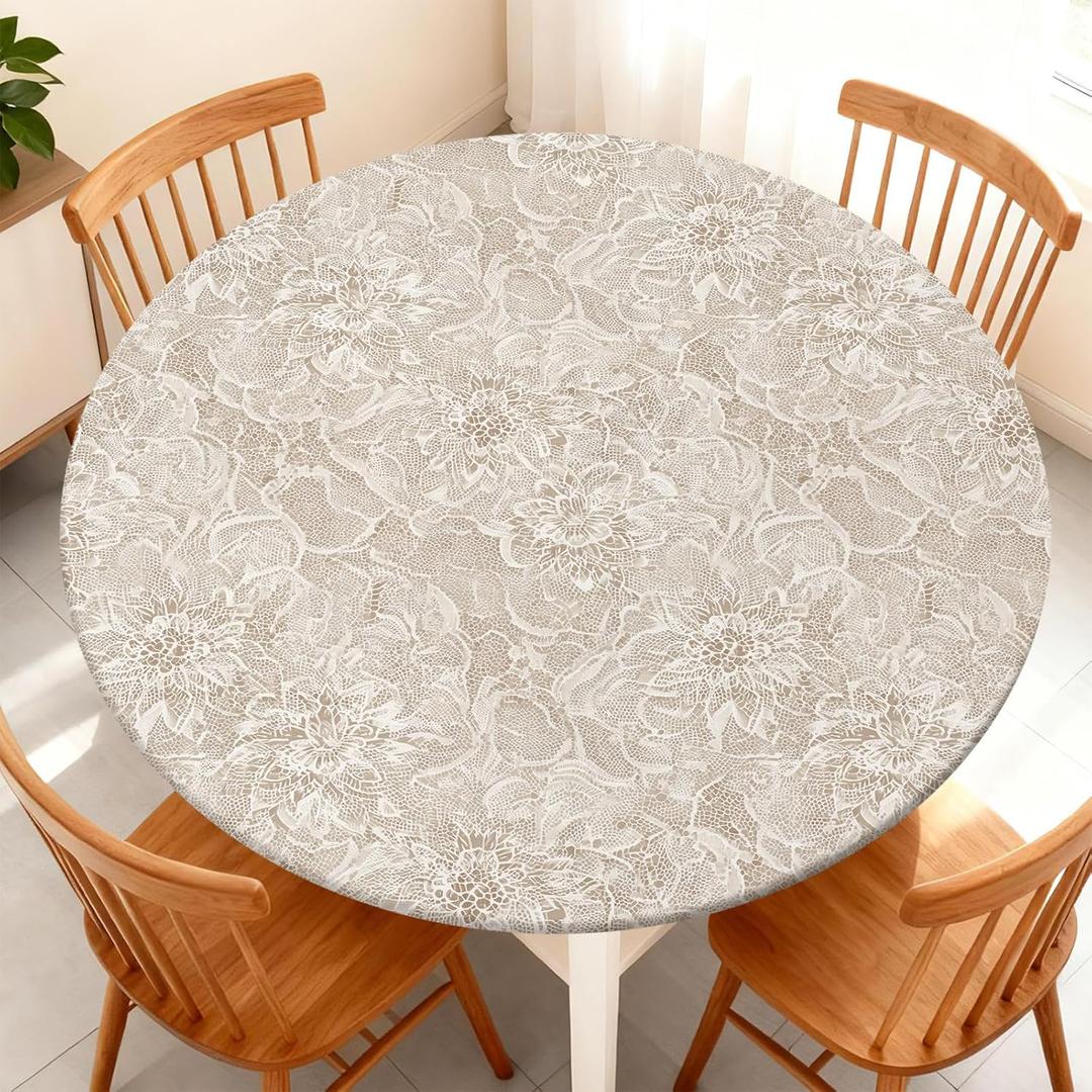Round Fitted Tablecloth with Elastic Edge Design Table Cover Waterproof Stain-Resistant Wipeable Table Cloth Fits 61"-65" Round Tables for Camping,Picnic,Dining,Outdoor (Pattern)