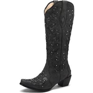 Tscoyuki Women's Rhinestones Western Knee High Boots, Embroidery Pointed Toe Chunky Block Heel Cowboy Cowgirl Mid Calf Boots with Pull On Taps (4, Black)