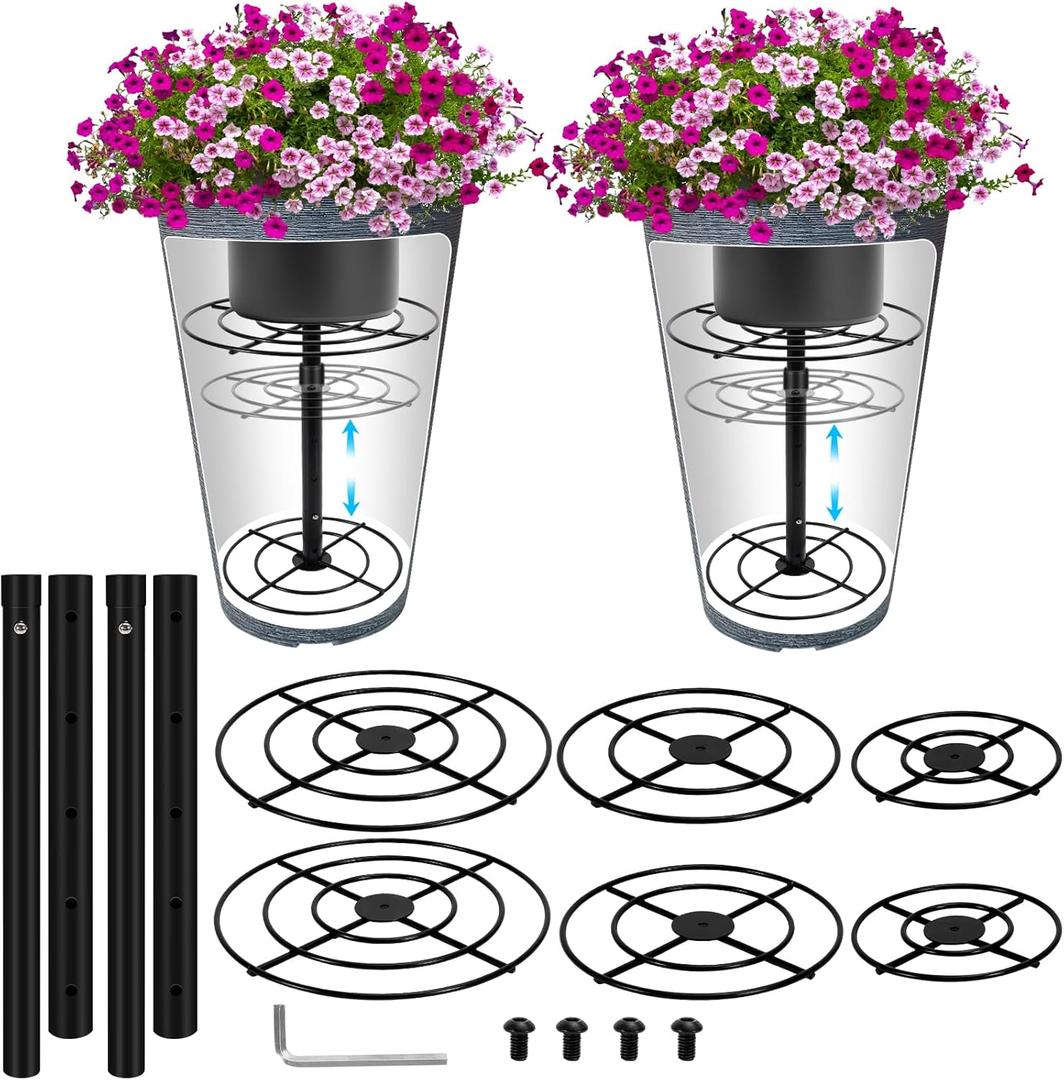 2 Pack Adjustable Plant Risers for Inside Pots,Iron Planter Lift Inserts,Planter Fillers for Large Pots(5.9" 7.87" 9.84" Base or Top)