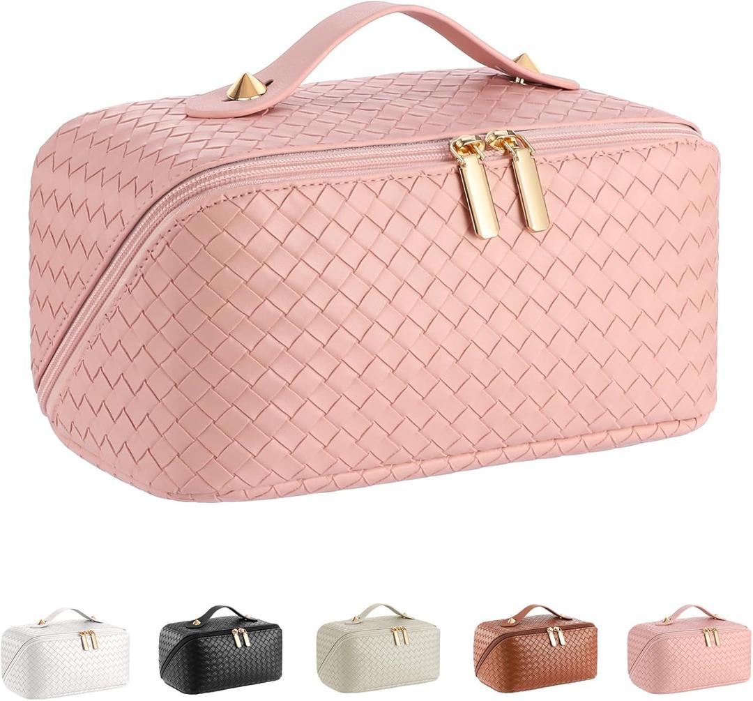 Large Capacity Travel Cosmetic Bag - Portable Makeup Bags for Women Waterproof PU Leather Checkered Makeup Organizer Bag with Dividers and Handle,Toiletry Bag for Cosmetics (Medium, woven-pink)