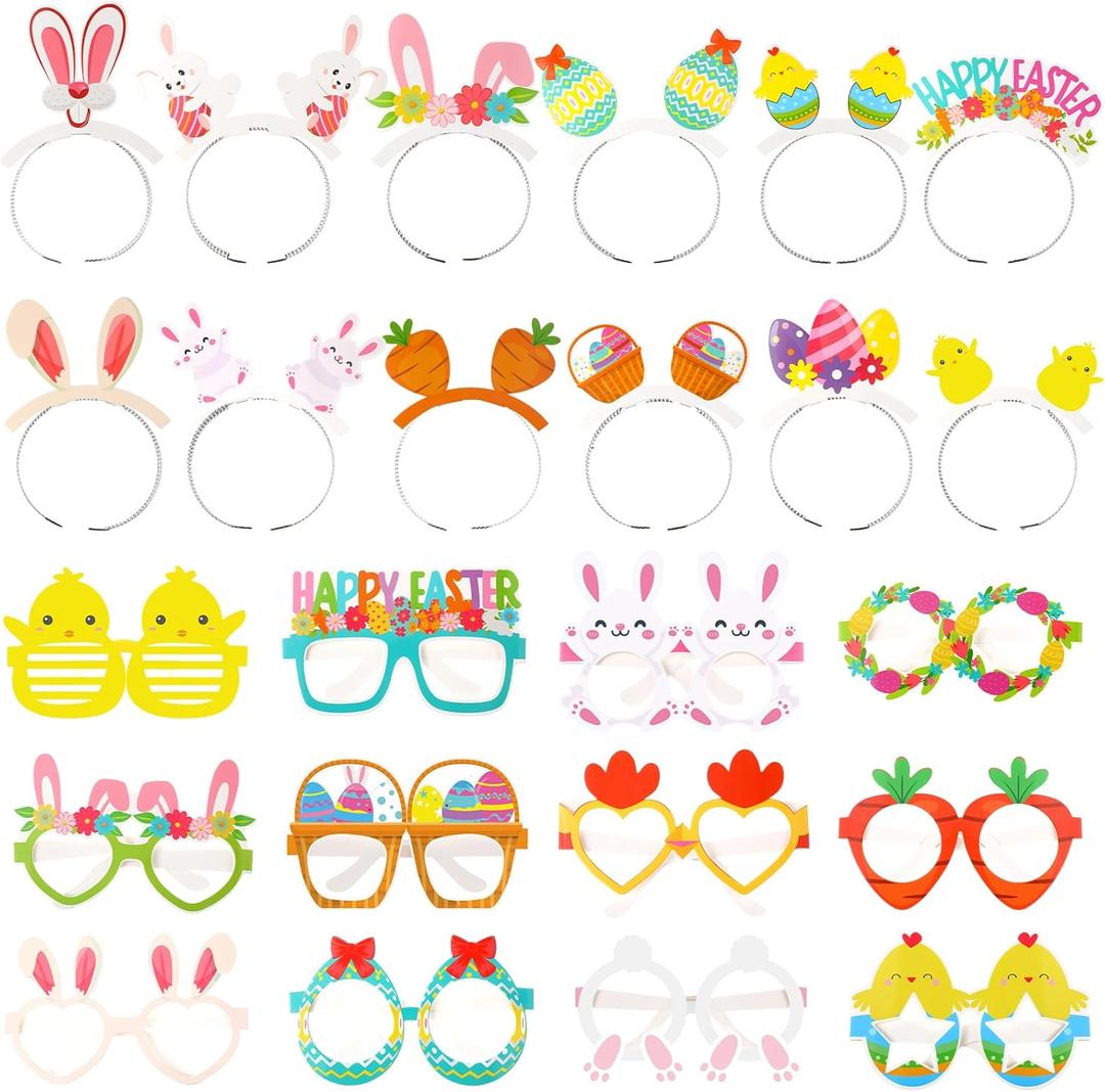 48 Pcs Paper Easter Glasses and Headband for Adult Bunny Ear Eyeglasses Easter Egg Headwear Rabbit Chick Photo Prop Costume Favor Gift Decor Supplies Basket Stuffer