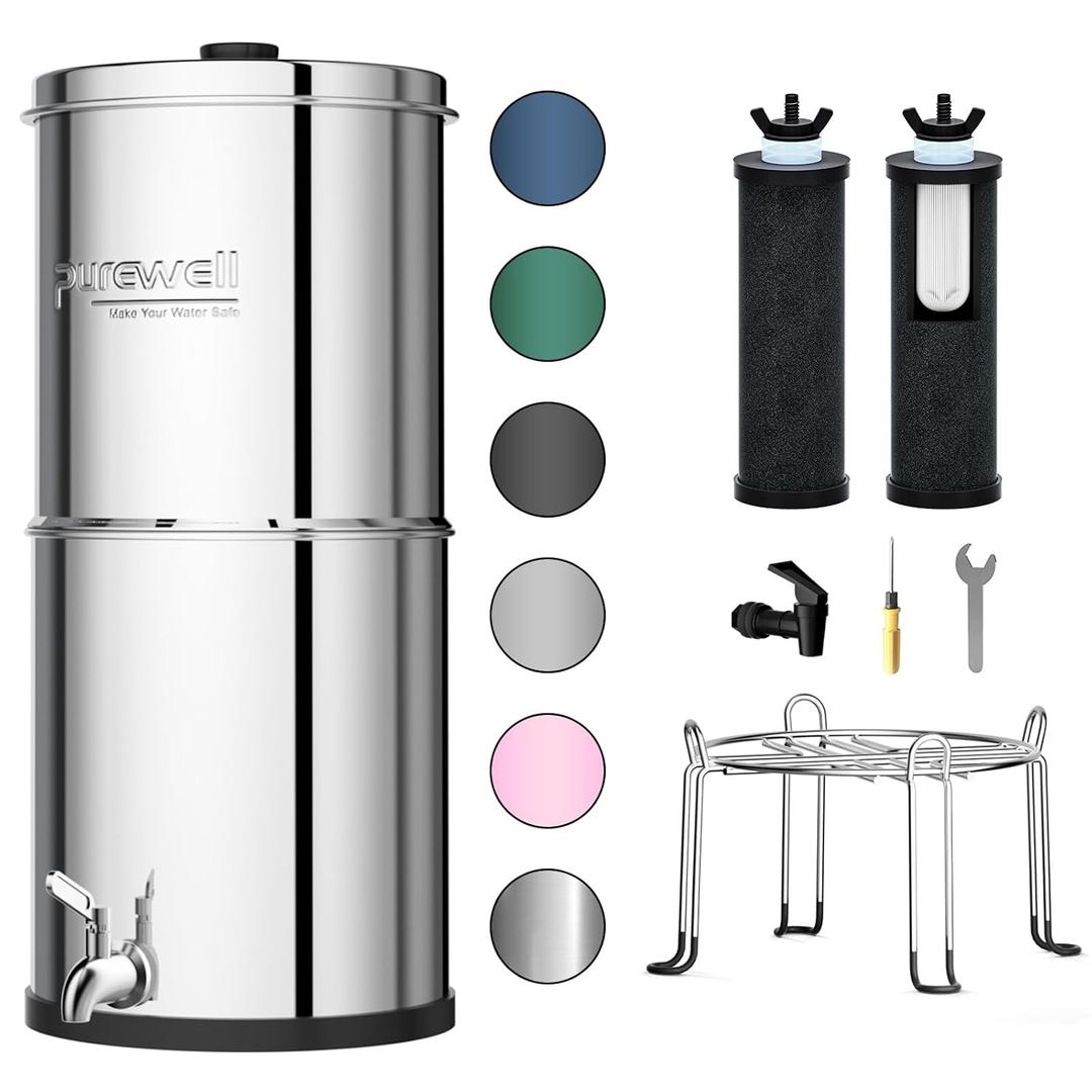 Purewell 3-Stage 0.01m Ultra-Filtration Gravity Water Filter System, NSF/ANSI 42&372 Certification, 304 Stainless Steel Countertop System with 2 Filters and Stand, Reduce 99% Chlorine, 2.25G, PW-OB (Silver)